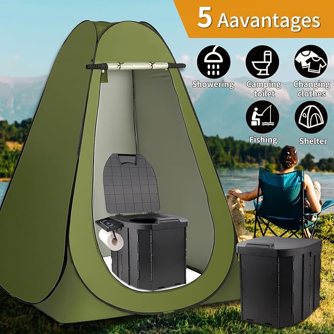 Portable Toilet Kit, Larger Size Portable Camping Toilet with Pop-Up Privacy Enlarged Tent and Poo Gel Toilet Bags, Width of 4.93 Feet Tent Washable Outdoor Showers Changing Rooms