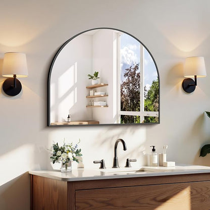 COFENY Arched Mirror, 28’’x24’’ Wide Black Arch Mirrors for Bathroom Sink, Bathroom Vanity Mirror with Metal Frame, Modern Wall Mounted Mirror for Bedroom Living Room Mantle Entryway