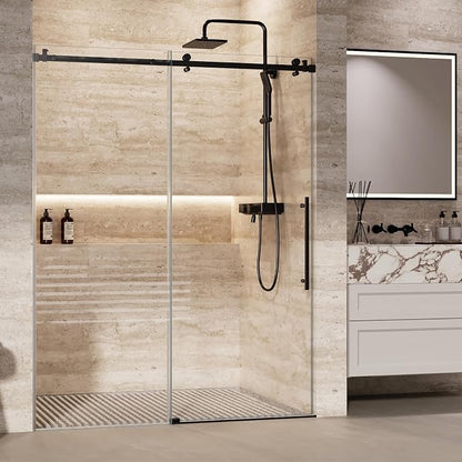 Shower Glass Door with Waterroof Seal Strip (56-60" W x 72 "H), Frameless Shower Sliding Door with Clear SGCC Tempered Glass 5/16" (8mm), Stainless Steel Hardware, Black