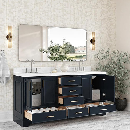 ARIEL Stafford 72-inch Bathroom Vanity with Sink,Solid Wood, 1.5-inch Carrara White Quartz Countertop, Double Rectangular Porcelain Sink, 4 Soft Closing Doors, 6 Dovetail Drawers, Midnight Blue