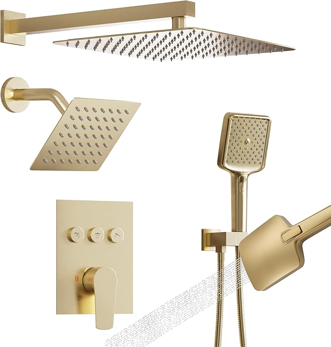MONDAWE 12 Inch Wall Mounted Brushed Gold Shower System, 3-Function Shower Faucet Set with Rainfall Dual Shower Head and High Pressure 4-Setting Handheld, All Functions Can be Used At the Same Time