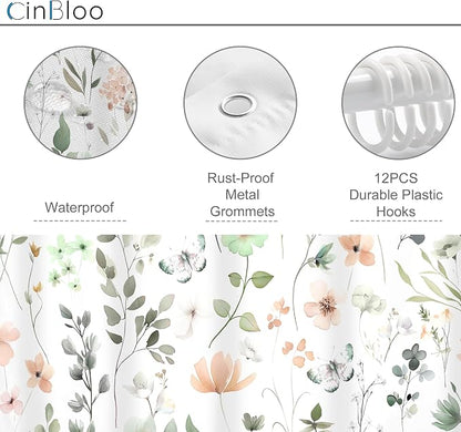 Cute Green Pink Floral Wildflower Watercolor Bathroom Shower Curtain Set | 60"W x 72"H Boho Butterfly; waterproof HD print, quick-dry fabric and plastic hooks for easy setup.
