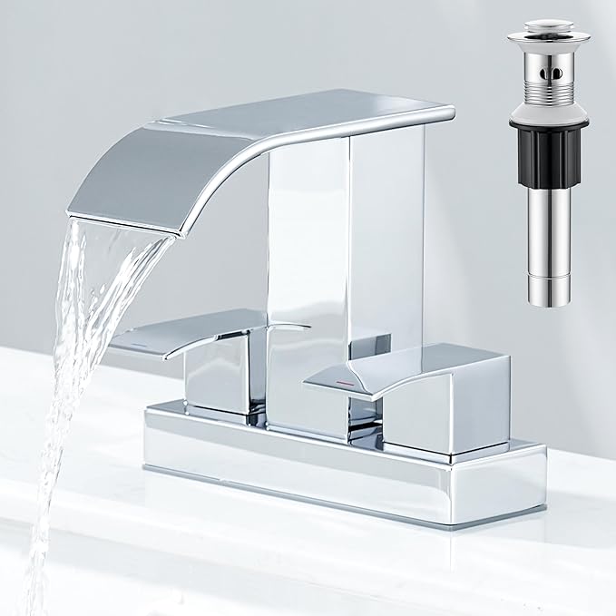 Chrome Bathroom Sink Faucet 2 Handles with Pop up Drain - Waterfall Bathroom Faucet Set 4 inch 2 or 3 Holes Centerset Mixer Tap Faucet with Supply Hoses for Bathroom Vanity Sink Vessel Basin