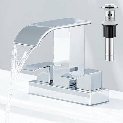 Chrome Bathroom Sink Faucet 2 Handles with Pop up Drain - Waterfall Bathroom Faucet Set 4 inch 2 or 3 Holes Centerset Mixer Tap Faucet with Supply Hoses for Bathroom Vanity Sink Vessel Basin