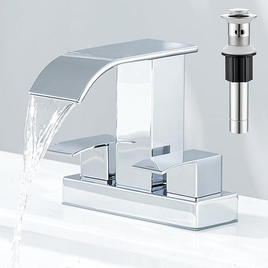 Chrome Bathroom Sink Faucet 2 Handles with Pop up Drain - Waterfall Bathroom Faucet Set 4 inch 2 or 3 Holes Centerset Mixer Tap Faucet with Supply Hoses for Bathroom Vanity Sink Vessel Basin