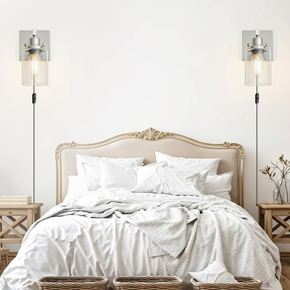 Plug in Wall Sconces Set of 2, Modern Corded Wall Sconce, Bedroom Wall Sconces with Clear Glass, Wall Decor Set of 2 Brushed Nickel Wall Lamps for Bedroom Living Room