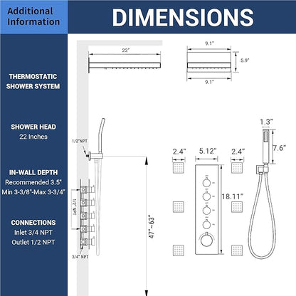 Luxury Thermostatic Rain & Waterfall Shower System with 22” Rain Shower Head & 6 Body Jets, Wall Mounted Shower Faucet Sets with Handheld Sprayer, 3/4” Inlet Thermostatic Valve