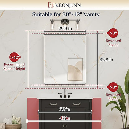 Keonjinn 30 x 36 Inch Black Bathroom Mirror, Tempered Glass Vanity Mirror | Sandblasted Finish, Matte Black Mirror, Anti-Rust, Seamless Aluminum Frame, Rounded Rectangle, French Cleat Mount, Home Décor