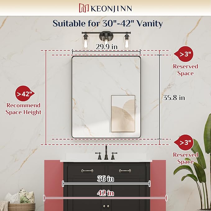 Keonjinn 30 x 36 Inch Brushed Nickel Bathroom Mirrors for Over Sink | HD Tempered Glass, Silver Vanity Mirror, Rust-Resistant Aluminum Frame, Rounded Rectangle, French Cleat Mount, Home Décor
