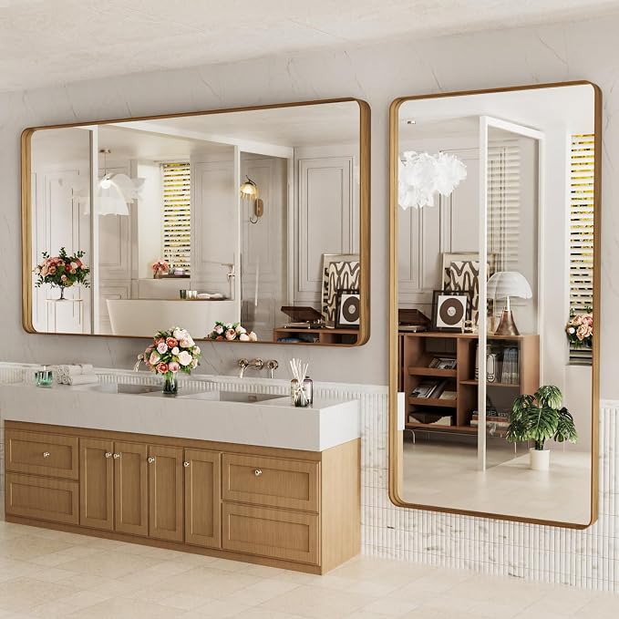 LOAAO 77X36 Inch Bathroom Mirror with Wood Grain Colored Metal Frame | Rounded Rectangle Metal Framed, Anti-Rust, Hangs Horizontally or Vertically, Tempered Glass