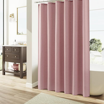 Pink Linen Shower Curtain, Country Boho Farmhouse Bath Decor Shower Curtains Neutral Cloth Weighted Textured Fabric Bath Curtain Liner with Hooks, 72x72