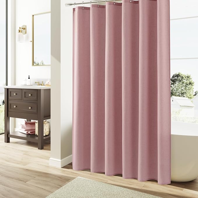 Pink Linen Shower Curtain, Country Boho Farmhouse Bath Decor Shower Curtains Neutral Cloth Weighted Textured Fabric Bath Curtain Liner with Hooks, 72x96