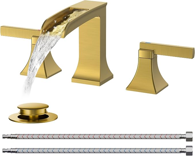 FORIOUS Bathroom Faucet 3 Hole Widespread 8" Sink Faucets Brushed Gold | 3-hole 4-12 Inch Widespread Sink, Square Waterfall Faucets, with Drain and Hoses,for Vanity Rv Commercial Lavatory Restroom