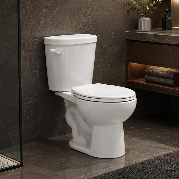 16.3" ADA Height Elongated Two Piece Toilet, Modern White Ceramic Bathroom Toilet with Side Push Handle, Locking PP Lid, 1.28 GPF Water Efficient Flush, cUPC Certified