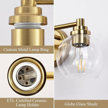 Upgrade 3-Light Bathroom Light Fixtures, Modern Vanity Light with Globe Glass Shade, Brushed Gold Bathroom Lights Over Mirror, Vanity Lights for Bathroom Bedroom Kitchen Hallway Living Room