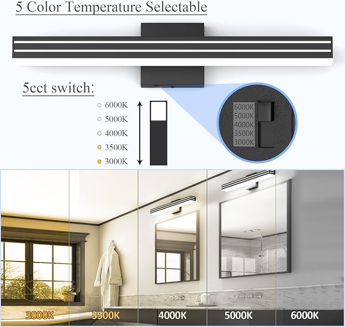 Ralbay Black Vanity Light 5 Color Temperature Dimmable LED Modern Bathroom Vanity Light Bar 24inch 24W Acrylic Matte Black Bathroom Wall Lighting Fixtures Over Mirror