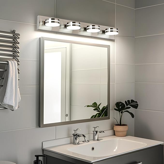 4-Light Bathroom Vanity Light, Brushed Nickel Bathroom Light Fixtures Over Mirror, LED Dimmable 5500K Bath Lighting Fixture, Modern Wall Mounted Lighting Fixture with 360°Rotating Lamp Head
