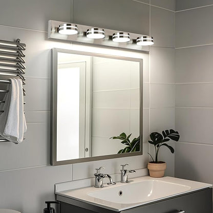 4-Light Bathroom Vanity Light, Brushed Nickel Bathroom Light Fixtures Over Mirror, LED Dimmable 5500K Bath Lighting Fixture, Modern Wall Mounted Lighting Fixture with 360°Rotating Lamp Head