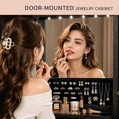 Over the Door Jewelry Organizer, Wall Mounted Jewelry Cabinet, Hanging Mirror with Storage Box, Wall/Door Mounted Full Length Mirror with LED