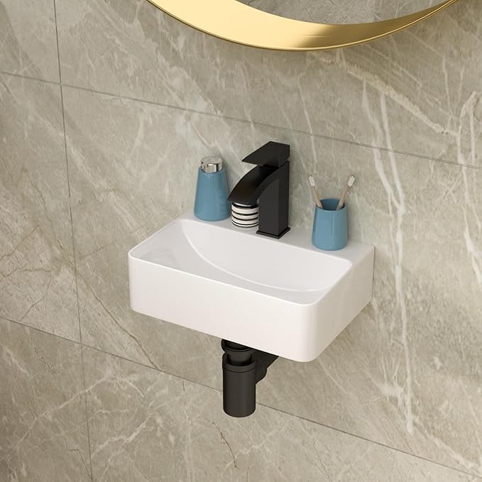 Lordear 14.5x10 Inch Small Wall Mounted Vessel Sink Floating Corner Bathroom Sink Wall hung Pure Glossy White Ceramic Wash Basin Sink 14.5x10x4.2 Inch for Tiny Room