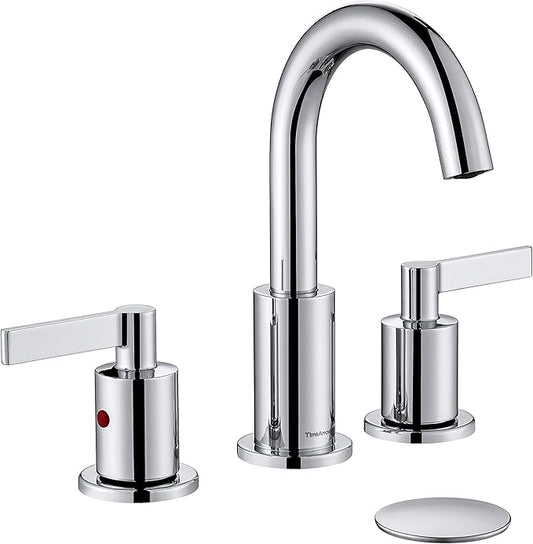 Chrome 2 Handle Widespread Bathroom Sink Faucet 3 Holes with Pop-Up Drain, High Arc Modern 8 Inch Bathroom Vanity Lavatory Faucet with Brass 360° Swivel Spout, TAF830C-CP