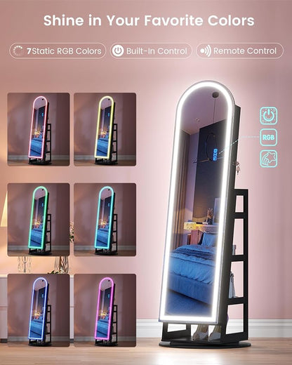HWB Mirror Jewelry Cabinet Standing with RGB Lights & Storage Shelves | Mirror w/Storage, LED Full-length Mirror, Lockable Jewelry Armoire, 360° Swivel, Standing Jewelry Cabinet, Girls Women Gifts