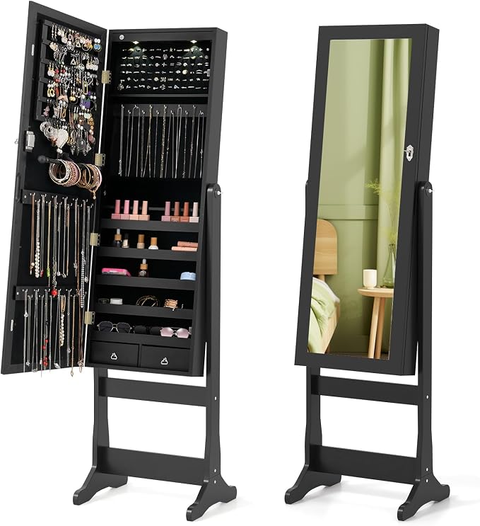 Giantex Standing Jewelry Armoire, Lockable Jewelry Cabinet with Full Length Mirror, LED Lights, 4 Tilt Angle Adjustable, Mirror with Jewelry Storage, Standing Jewelry Organizer with Drawers, Black