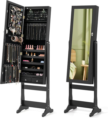 Giantex Standing Jewelry Armoire, Lockable Jewelry Cabinet with Full Length Mirror, LED Lights, 4 Tilt Angle Adjustable, Mirror with Jewelry Storage, Standing Jewelry Organizer with Drawers, Black