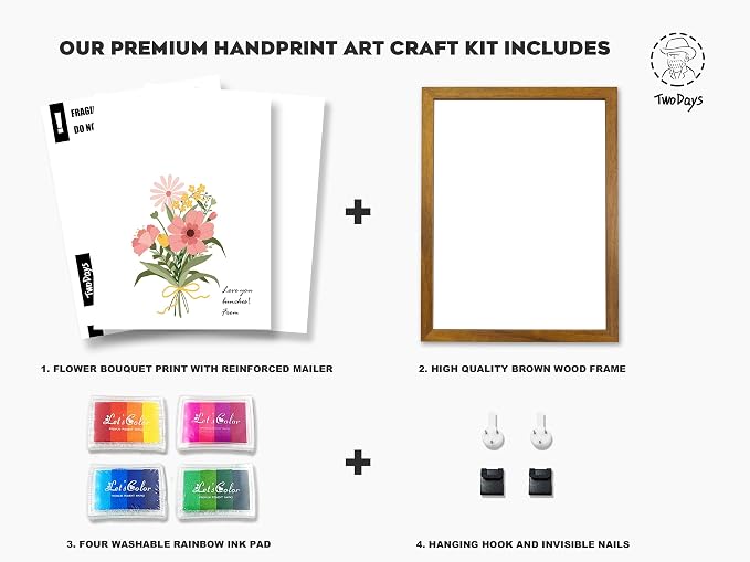 TwoDays Flower Bouquet Handprint Art Craft DIY Kit, Unique Gifts for Mom from Daughter or Son for Mother's Day Birthday Christmas, Gift for Grandma. (Floral-1, Brown)