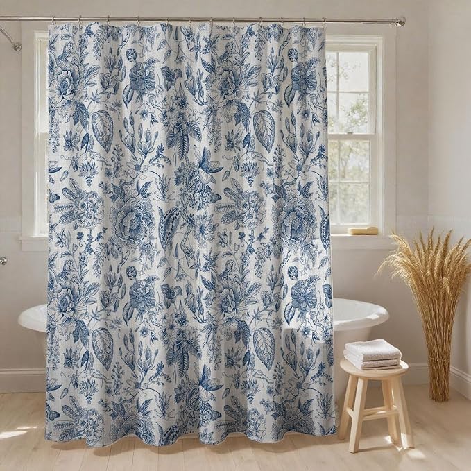 MUGINYU Boho Blue Floral Cotton Shower Curtain for Bathroom - Rustic Farmhouse cottagecore Print Pattern Botanical Boho Shower Curtain Set Aesthetic Chinoiserie Vintage Bathroom Decor