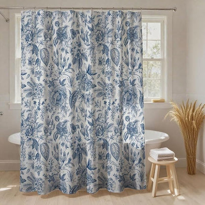 MUGINYU Boho Blue Floral Cotton Shower Curtain for Bathroom - Rustic Farmhouse cottagecore Print Pattern Botanical Boho Shower Curtain Set Aesthetic Chinoiserie Vintage Bathroom Decor