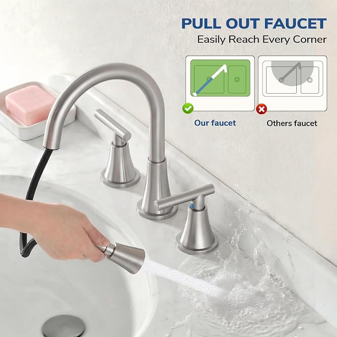 8 Inch Pull Out Sprayer Bathroom Faucet 3 Hole, Widespread 2 Handle Sink Faucet with Pop Up Drain and Supply Lines, Stainless Steel for Vanity, RV, Brushed Nickel