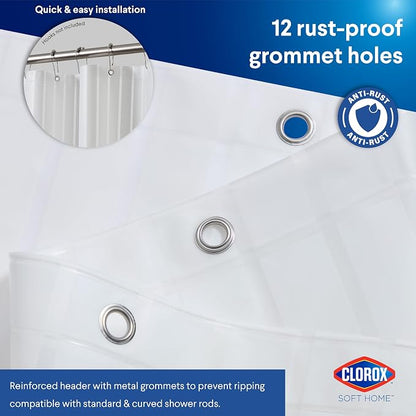 Clorox Shower Curtain Liner, Premium Striped Medium-Weight Durable Waterproof 6g PEVA for Bathroom with Weighted Magnets, Printed Standard Size 72" x 72", White