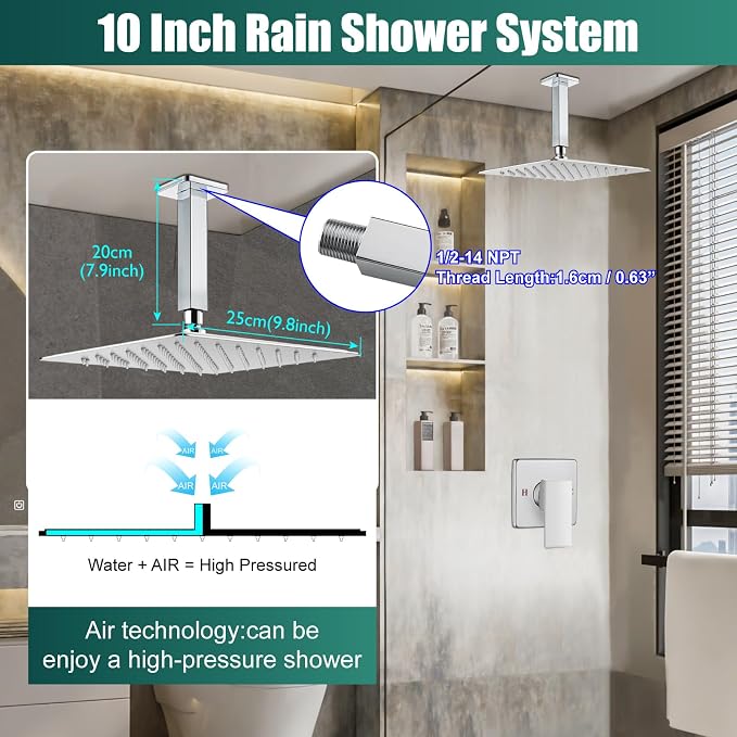 Heyalan 10-Inch Ceiling Mount Shower Faucet Set with Valve, Polish Chrome | Rainfall shower head, ceiling-mount design, SUS304 steel, adjustable angle, single-handle control