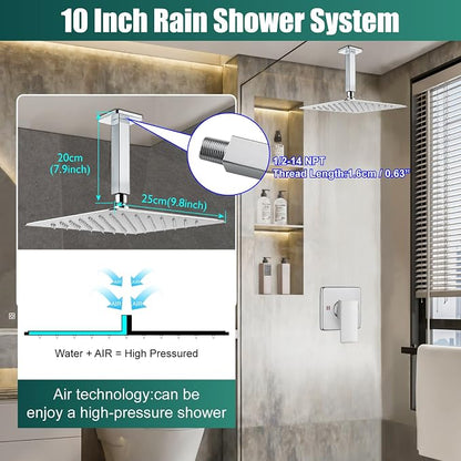 Heyalan 10-Inch Ceiling Mount Shower Faucet Set with Valve, Polish Chrome | Rainfall shower head, ceiling-mount design, SUS304 steel, adjustable angle, single-handle control