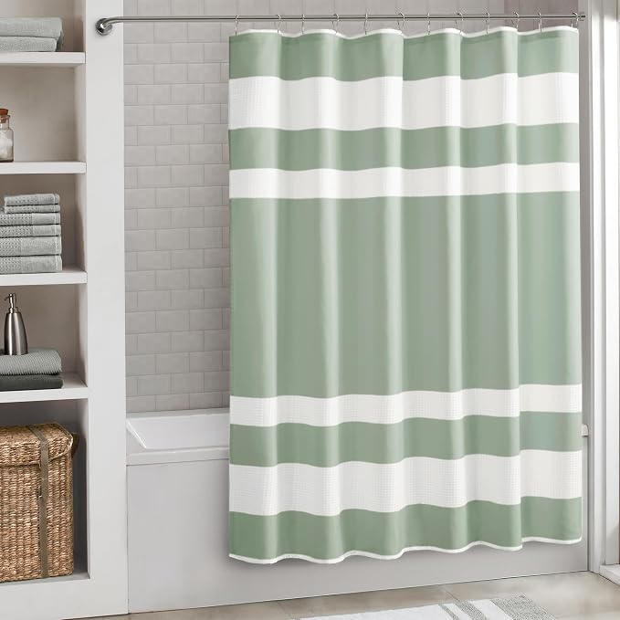 Madison Park Spa Waffle Weave Long Shower Curtain, 72 x 78, Sage Green | Striped, Pieced Fabric Design, 3M Scotchgard Moisture Management, Hotel Quality, Modern, for Bathroom, OEKO-TEX Certified