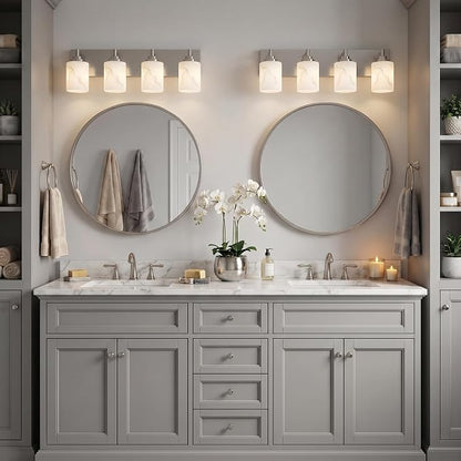 4-Light Bathroom Light Fixture, Brushed Nickel Modern Vanity Light with White Marble Glass Shade, for Bathroom Mirror, Living Room, Bedroom, Hallway, E26 Base, Extended Base