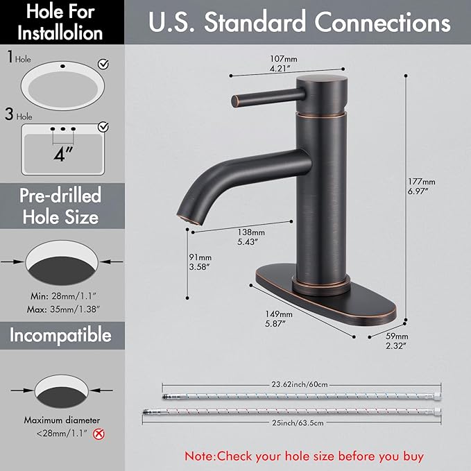 Oil Rubbed Bronze Bathroom Faucet, WINKEAR Single Hole Faucet with Pop-up Drain and Flexible Hoses, Single Handle Faucet for Bathroom Sink, Vanity, RV, Modern Farmhouse, Suitable for 1 Hole or 3 Hole