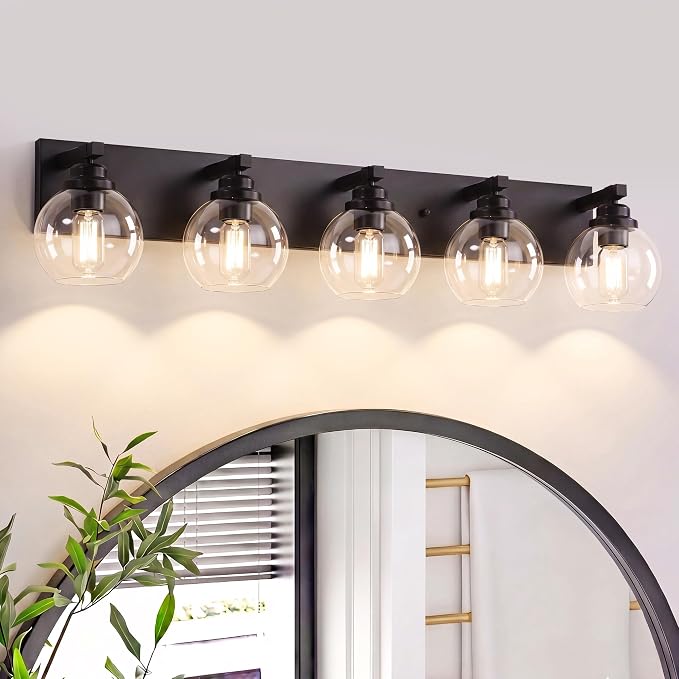 LmnLvn Farmhouse 5-Light Vanity Light, Matte Black Metal with Glass Shade | Rustic Mirror Mount Fixture Over Mirror, Easy To Install, Ideal Decor for Bathroom, Bedroom, Hallway & Living Room