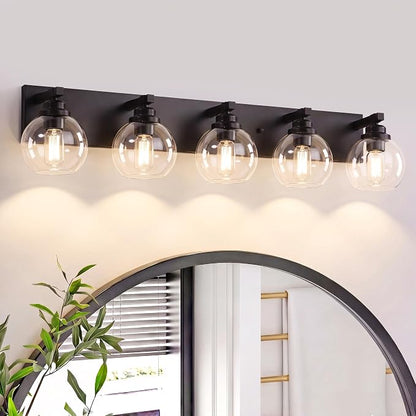 LmnLvn Farmhouse 5-Light Vanity Light, Matte Black Metal with Glass Shade | Rustic Mirror Mount Fixture Over Mirror, Easy To Install, Ideal Decor for Bathroom, Bedroom, Hallway & Living Room