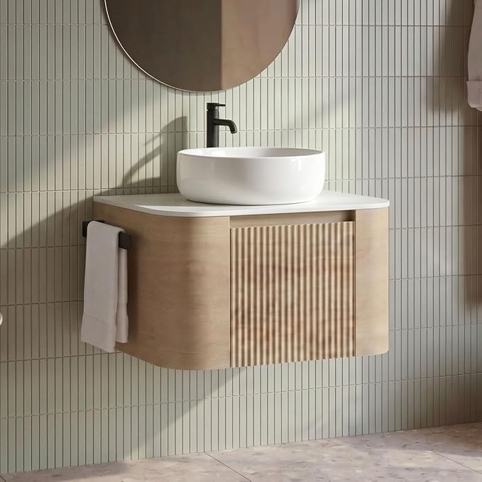 24" Preassembled Floating Bathroom Vanity with Round Sink, Oak | Mid-Century Modern Style, Fluted & Soft-Close Drawer with U-shaped Wall, Sinterted Stone Countertop, Towel Rack Included
