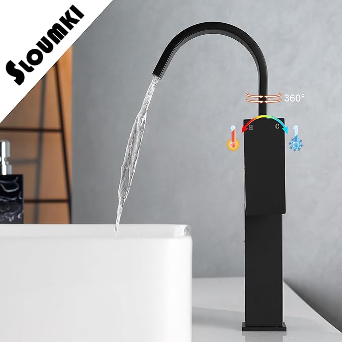 Matte Black Vessel Sink Faucet, Single Handle Tall Bathroom Faucet，Waterfall Bathroom Faucet Single Hole Lavatory Vanity Tap Single Hole Bar Sink Faucet with Pop Up Drain and Supply Lines,SL50044BK