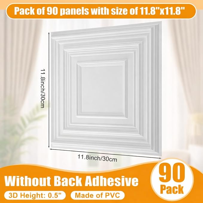 Nuanchu 90 Pcs Drop Ceiling Tiles 12x12 Inch, Glue up PVC Wall Panels,White | Cuttable, Paintable, DIY, Waterproof, 3D Decorative Ceiling Panels for Bathroom Kitchen TV Background Living Room