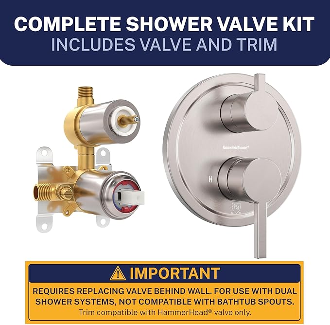 HammerHead Showers Solid Metal Two Handle Shower Valve and Trim Kit Brushed Nickel, Diverts Water Controls Volume and Temperature, Rough-In Shower Trim Kit with Valve and Pressure Balance Shower Valve