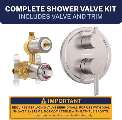 HammerHead Showers Solid Metal Two Handle Shower Valve and Trim Kit Brushed Nickel, Diverts Water Controls Volume and Temperature, Rough-In Shower Trim Kit with Valve and Pressure Balance Shower Valve