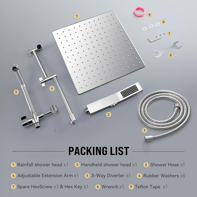 All Metal 10 Inch Rain Shower Head with Handheld Built-in Power Wash Mode, High Pressure Waterfall Rainfall Square Shower Heads with 16" Adjustable Extension Arm, Dual Showerhead(Chrome)