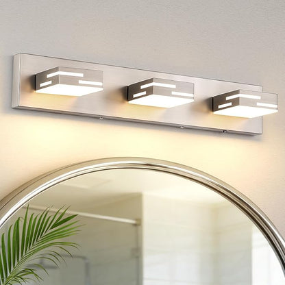3-Light 5CCT Modern Bathroom Vanity Light Fixtures, 24-Inch 350° Rotatable LED Vanity Lights Over Mirror, Dimmable Brushed Nickel Wall Sconce with Frosted Acrylic Shade