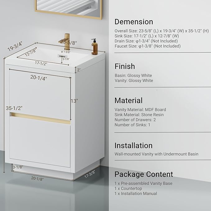 24 Inch Bathroom Vanity with Sink, Single Sink Bathroom Vanity, Freestanding Vanity Bathroom Soft Closed 2 Drawers, Integrated Sink (Glossy White)