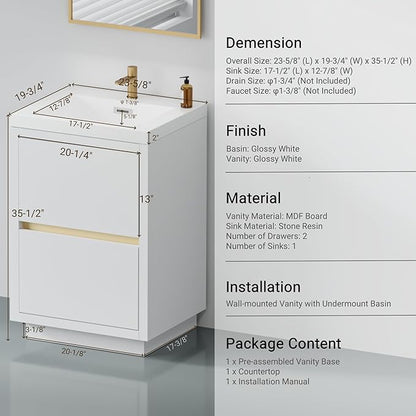 24 Inch Bathroom Vanity with Sink, Single Sink Bathroom Vanity, Freestanding Vanity Bathroom Soft Closed 2 Drawers, Integrated Sink (Glossy White)