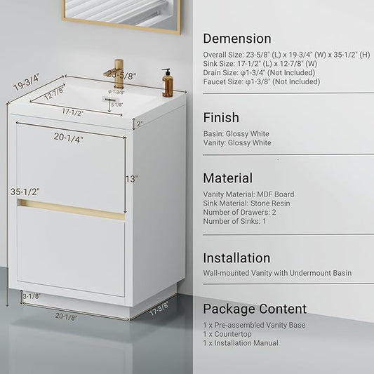 24 Inch Bathroom Vanity with Sink, Single Sink Bathroom Vanity, Freestanding Vanity Bathroom Soft Closed 2 Drawers, Integrated Sink (Glossy White)